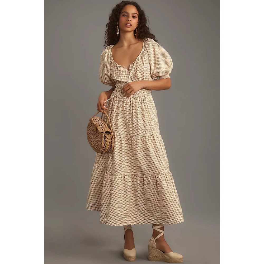 Anthropologie The Somerset Maxi Dress Puff Sleeves Natural Women's Size XXS